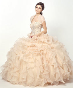 Champagne Beaded Corset Bodice With Organza Ruffle Skirt Bal