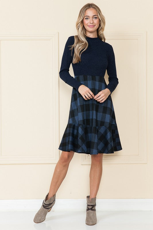 Navy Plaid And Solid Rib Matched Dress