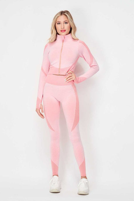 Pink Honey Comb Active Cropped Jacket Leggings Set