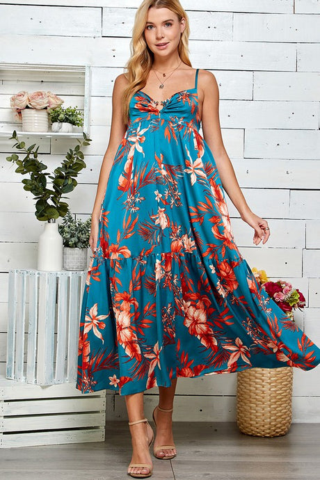 Teal Multi Ring Detailed Tiered Print Dress