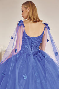 Royal Blue Long Tulle Cape With 3d Flowers Applique Quinceane