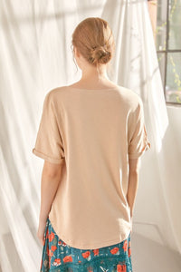 Sand Slub Knit Jersey Top With Button Up Detail