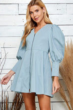 Dusty Blue Zippered Front Cuff Sleeve Mini Dress