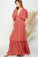 Copper Ruched Tiered V Neck Lurex Insert Maxi Dress
