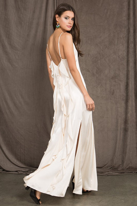 White Satin Spaghetti Strap V Neck Maxi Dress With Side Slits