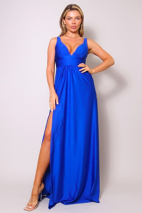 Royal Blue Sleeveless Deep V Side Slit Maxi Gown