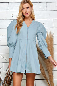 Dusty Blue Zippered Front Cuff Sleeve Mini Dress