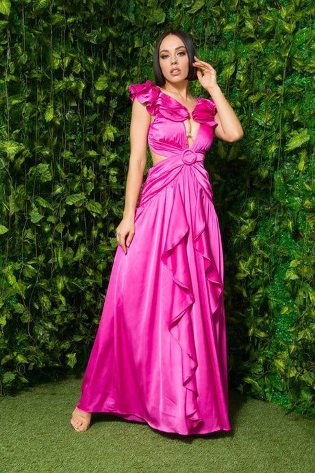 Fuchsia Solid Satin Ruffle Sleeve Gown