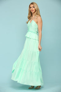 Mint Shiny Woven Halter Neck Strap Key Hole Front Midi