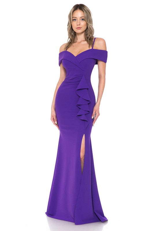 Purple Off The Shoulder Ruffled Formal Dress