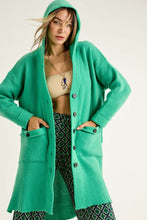 Green Mid Length Hoodie Button Down Cardigan