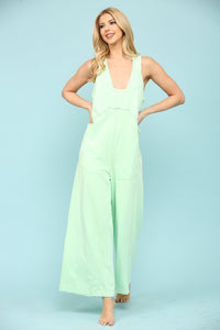 Mint Cotton Sleeveless Detail Line Wide Jumpsuit