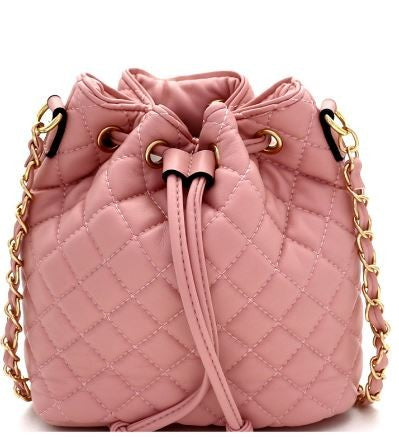 Pink Quilted Drawstring Bucket Crossbody Bag Satchel