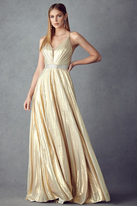 Gold Pleated V-neck Prom Evening Dress