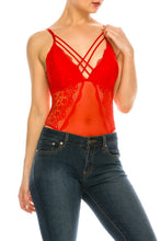 Tomato Red Mesh Floral Lace Double Chest Strap Bodysuit