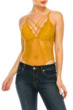 Mustard Yellow Mesh Floral Lace Double Chest Strap Bodysuit