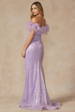 Light Purple Feather Neckline Off The Shoulder And High Slit Dress