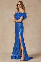 Royal Blue Feather Neckline Off The Shoulder And High Slit Dress