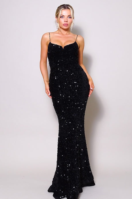 Black Just Like Marilyn Teddy Velvet Sequins Maxi Dress