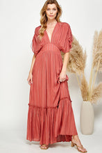 Copper Ruched Tiered V Neck Lurex Insert Maxi Dress