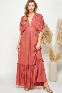 Copper Ruched Tiered V Neck Lurex Insert Maxi Dress