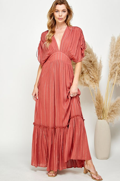 Copper Ruched Tiered V Neck Lurex Insert Maxi Dress