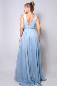 Light Blue Sleeveless Deep V Glitter Ice Queen Maxi Dress