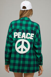 Green Plaid Embroidered Patch Button Down Jacket