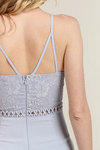 Blue Grey Asymmetrical Hem with Lace Insert Short Dress