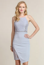 Blue Grey Asymmetrical Hem with Lace Insert Short Dress