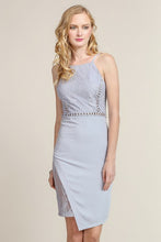 Blue Grey Asymmetrical Hem with Lace Insert Short Dress