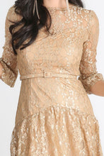 Belted Metallic Gold Lace Dress