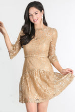 Belted Metallic Gold Lace Dress