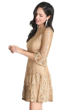 Belted Metallic Gold Lace Dress