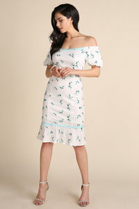 Light Blue Puff Sleeve Floral Embroidered Midi Dress