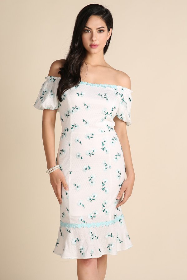 Light Blue Puff Sleeve Floral Embroidered Midi Dress