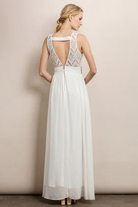 White Classic Lace Top Belt Line Detail Maxi Dress