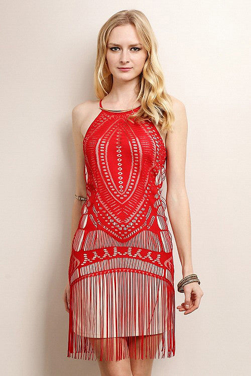 Red Fringe Unique Pattern Dress