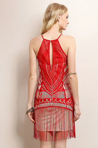 Red Fringe Unique Pattern Dress