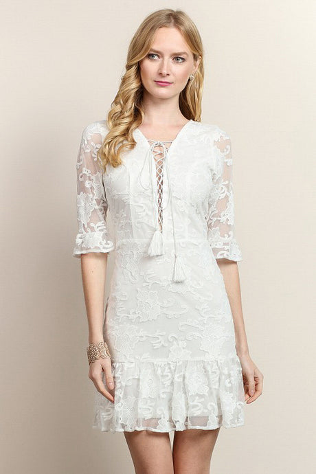 Half Sleeve Mesh & Lace Ruffle Hem Short Dress