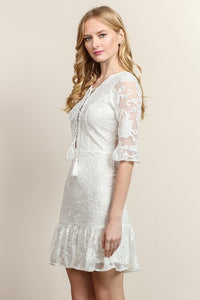 Half Sleeve Mesh & Lace Ruffle Hem Short Dress