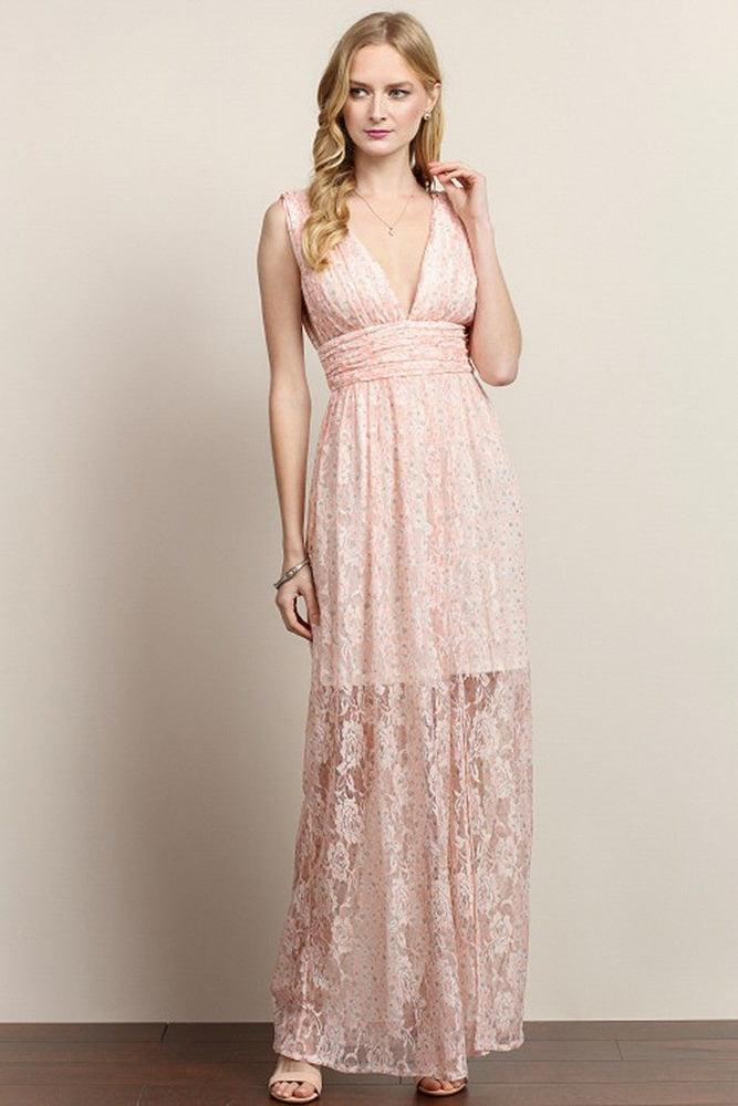Flower V Top See-Though Lace Maxi Dress