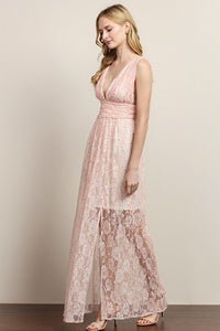 Flower V Top See-Though Lace Maxi Dress