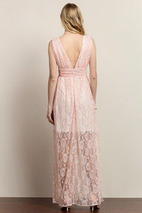 Flower V Top See-Though Lace Maxi Dress