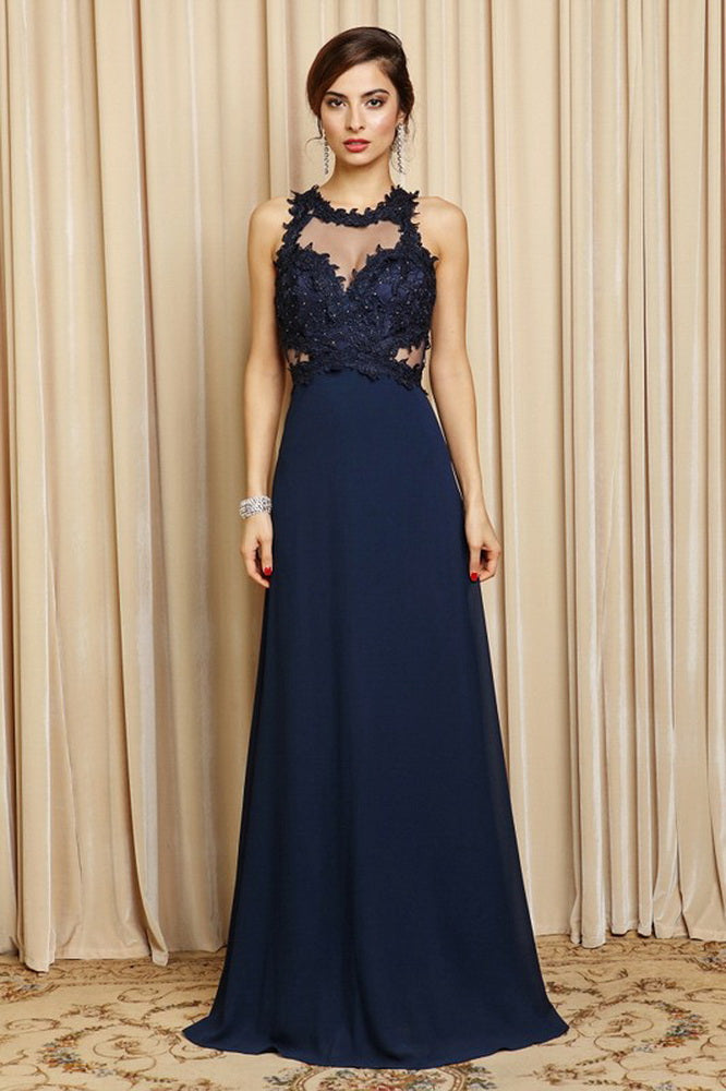 Chiffon Long Dresses with Lace Straps Dark Navy