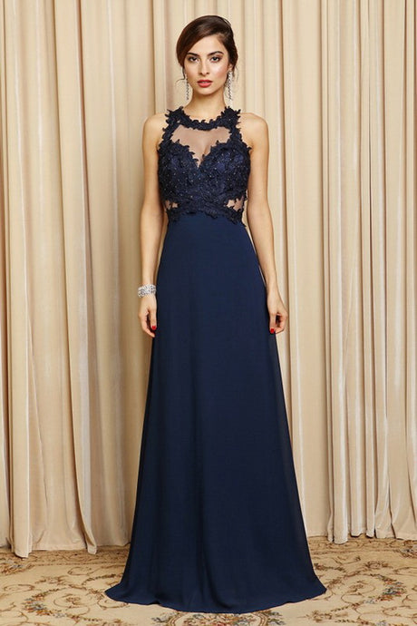 Navy Lace & Mesh Top Flare Chiffon Long Dress