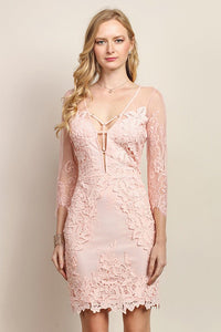 Strap Front Detail Mid-Sleeve Lace Fitted Dress