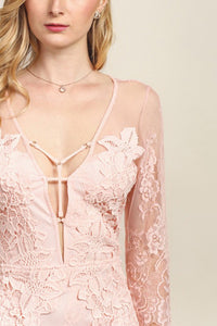 Strap Front Detail Mid-Sleeve Lace Fitted Dress