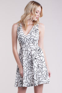 Black White Rose Patterned Short Dress