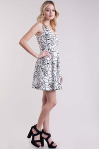 Black White Rose Patterned Short Dress